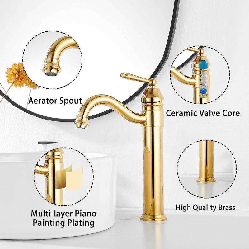 GGStudy Tall Body Single Handle One Hole Bathroom Vessel Sink Faucets Gold Finish with Pop Up Drian Without Overflow - Image 4
